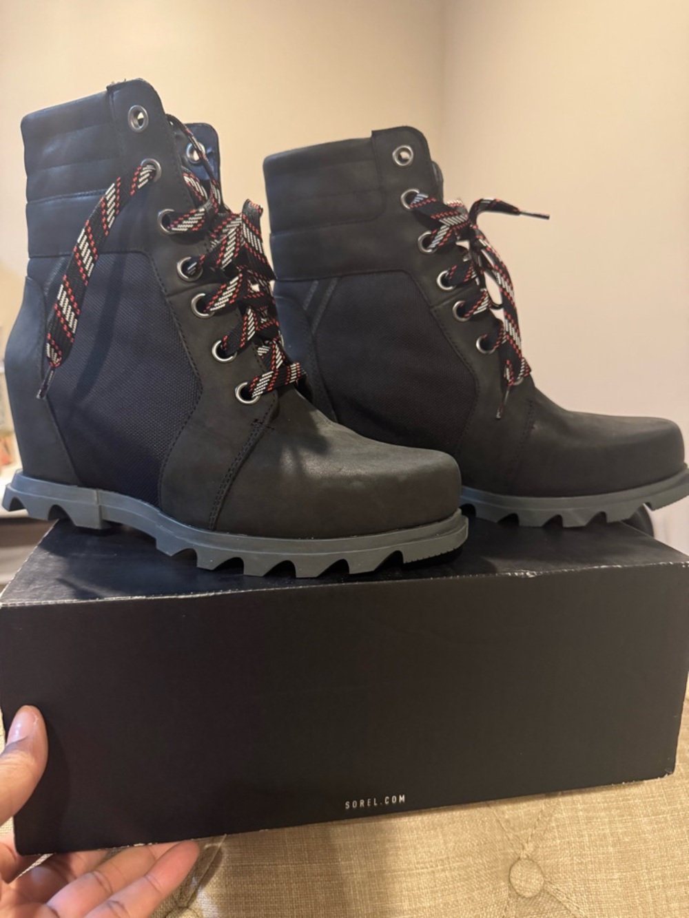Sorel Black Women’s Lace-Up Ankle Boots with Red-Accented Laces